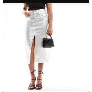 Abercrombie & Fitch Metallic Silver Denim Midi Skirt High Rise Front Slit 29 8